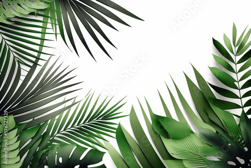 Tropical beach coconut palm tree leaves isolated on white background. Generative AI.