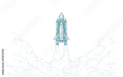 Rocket launch. Digital 3D space shuttle from polygons and lines isolated on white background. Technology abstract cosmos or start up concept. Vector low poly wireframe illustration.