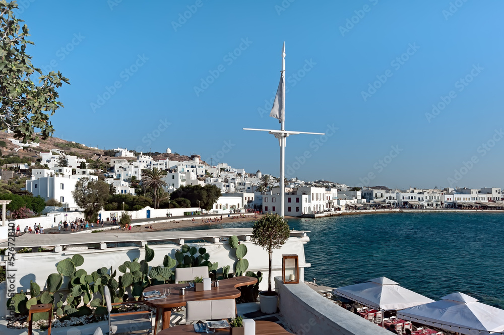 Fototapeta premium Terrace with the view to the port of Mykonos island, Greece
