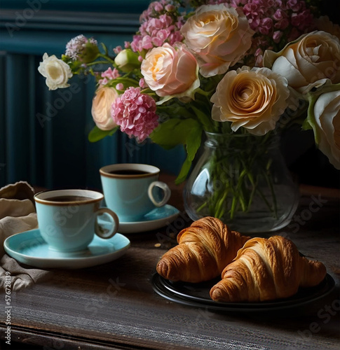 Coffee and croissants. Kitchen table with croissants, fresh coffee and a vase of pink roses. Cosy home morning atmoshpere. Generative AI