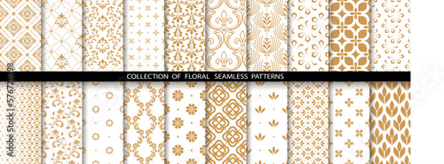 Geometric floral set of seamless patterns. White and gold vector backgrounds. Damask graphic ornaments