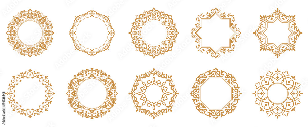 Set of decorative frames Elegant vector element for design in Eastern style, place for text. Floral gold and white borders. Lace illustration for invitations and greeting cards