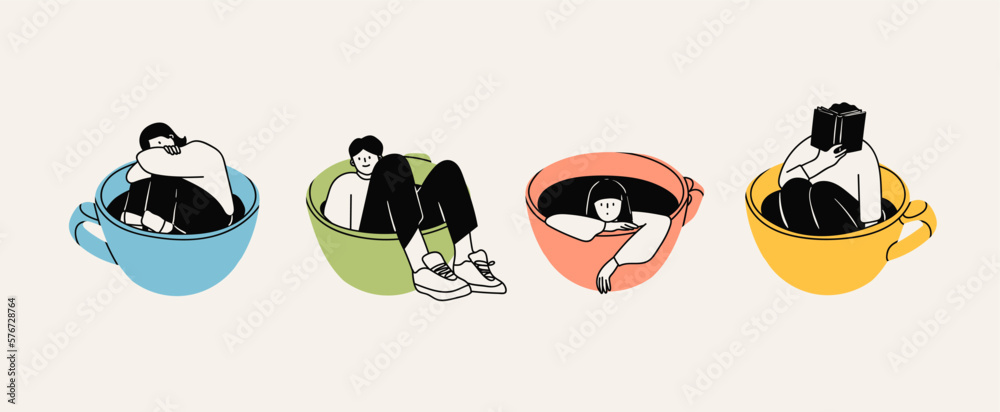 Set of various young People sitting in the big giant Cups in different positions. Funny characters. Cartoon comic style. Hand drawn colored trendy Vector illustration. Isolated design elements - obrazy, fototapety, plakaty 
