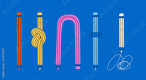 Set of colorful Pencils in various conditions. Straight, bended, knotted, broken and short pencil. Back to school, teacher's day concept. Isolated design elements. Hand drawn Vector illustration