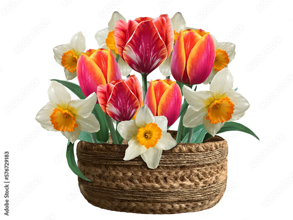 Obraz premium tulips and daffodils in a basket illustration