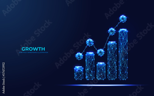 Polygonal growing bar graph in technology blue on a dark blue background. Abstract digital growth concept. Low poly wireframe bar chart. Vector illustration