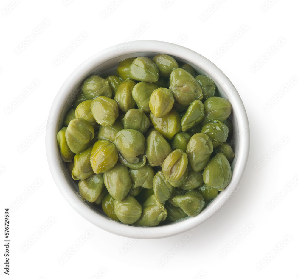 Top view of pickled capers in ceramic bowl Top view of pickled capers in ceramic bowl