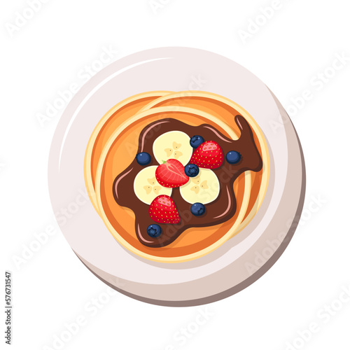 Pancakes with fruits isolated on white background