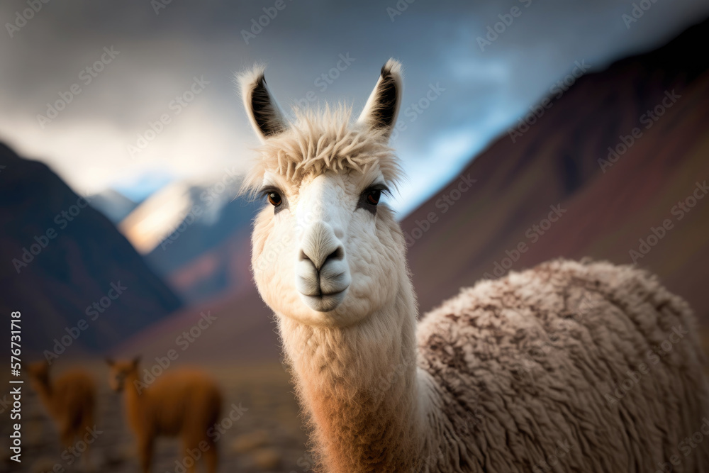 A white alpaca looks into the camera on the background of the Andes. Close-up. Photorealistic illustration generated by AI.	