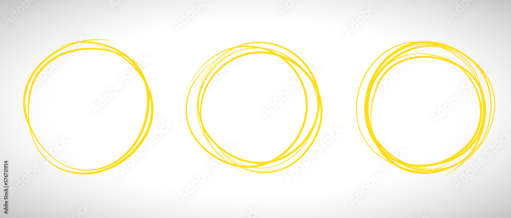 Yellow circle line hand drawn set. Highlight hand drawing circle isolated on background. Round handwritten circle. For marking text, note, mark icon, number, marker pen, pencil and text check, vector Yellow circle line hand drawn set. Highlight hand drawing circle isolated on background. Round handwritten circle. For marking text, note, mark icon, number, marker pen, pencil and text check, vector