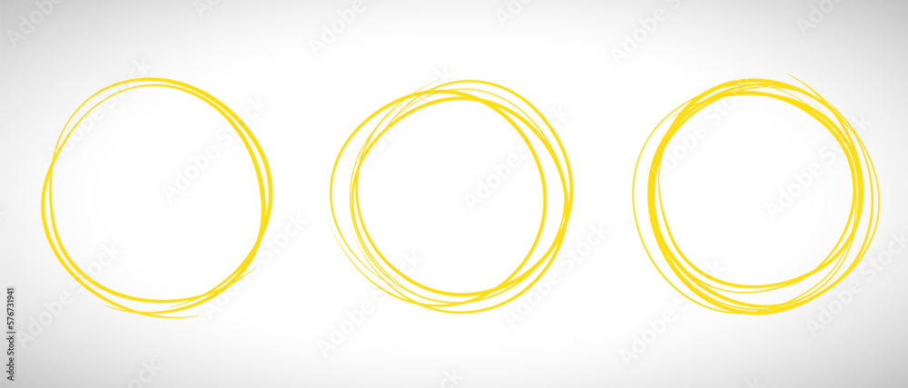 Yellow circle line hand drawn set. Highlight hand drawing circle isolated on background. Round handwritten circle. For marking text, note, mark icon, number, marker pen, pencil and text check, vector Yellow circle line hand drawn set. Highlight hand drawing circle isolated on background. Round handwritten circle. For marking text, note, mark icon, number, marker pen, pencil and text check, vector