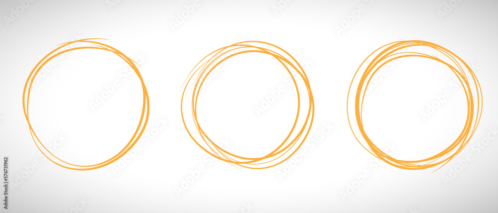 Orange circle line hand drawn set. Highlight hand drawing circle isolated on background. Round handwritten circle. For marking text, note, mark icon, number, marker pen, pencil and text check, vector Orange circle line hand drawn set. Highlight hand drawing circle isolated on background. Round handwritten circle. For marking text, note, mark icon, number, marker pen, pencil and text check, vector