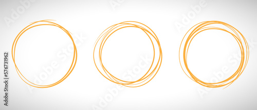 Orange circle line hand drawn set. Highlight hand drawing circle isolated on background. Round handwritten circle. For marking text, note, mark icon, number, marker pen, pencil and text check, vector
