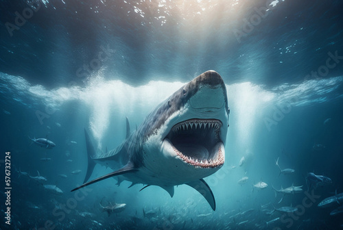 an adult great shark with a large mouth and many sharp teeth underwater  swimming on the hunt  fictional place and shark species. Generative AI