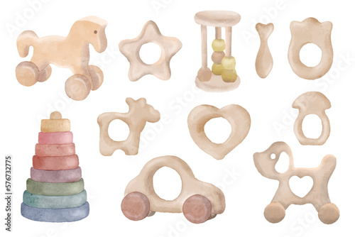 Baby wooden toy teethers for newborns watercolor illustration. photo