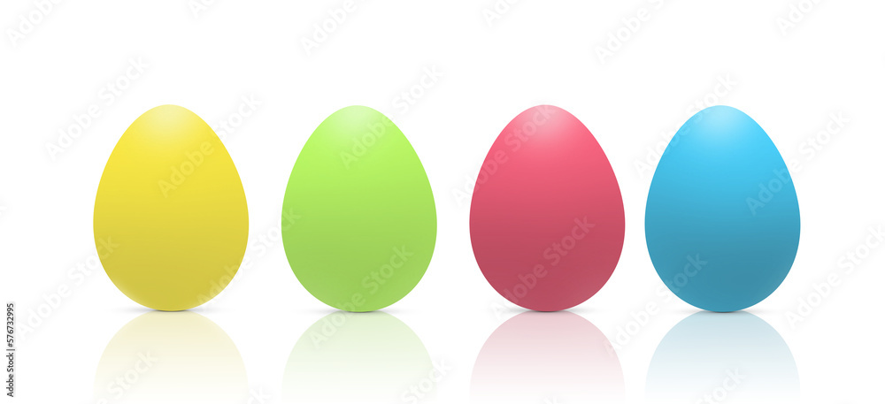 Four colorful Easter eggs in a row. Illustration of Easter Eggs set Lined up with different colors on a transparent background with reflexion. PNG. Mock up eggs for your design and creativity.