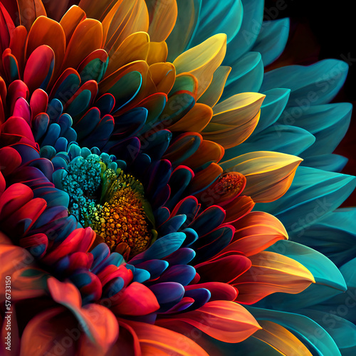 Closeup of colorful stylized flower. Created with generative AI.