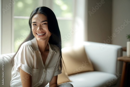 young woman sitting on the sofa at home, daylight shines through large windows into the living room. Generative AI Free Download young woman sitting on the sofa at home, daylight shines through large windows into the living room. Generative AI - GFXLoad