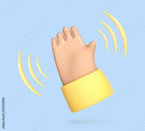 3D cartoon hand waving icon. Hand gesture. Hello and Goodbye symbol. Vector 3d illustration..