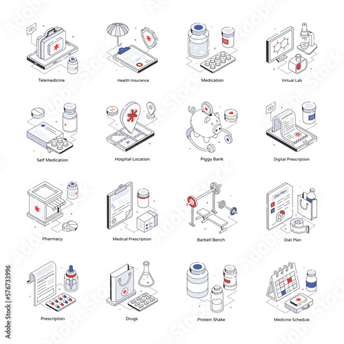 Pack of Medical Isometric Line Icons 

