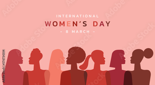 female diverse faces in silhouette banner. International women's day and the feminist movement. March 8 for independence, freedom, empowerment, and activism for woman right, vector flat illustration