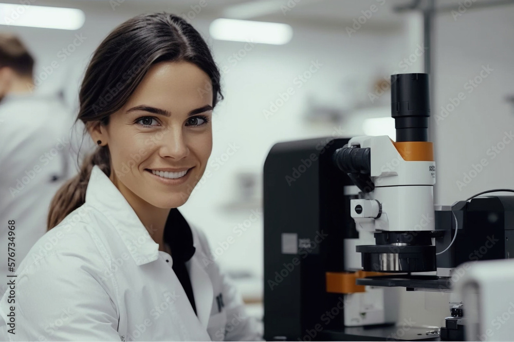 Young female scientist looking through a microscope in a laboratory doing research on finding medicine pharmacy cure vaccine. Generative AI Young female scientist looking through a microscope in a laboratory doing research on finding medicine pharmacy cure vaccine. Generative AI