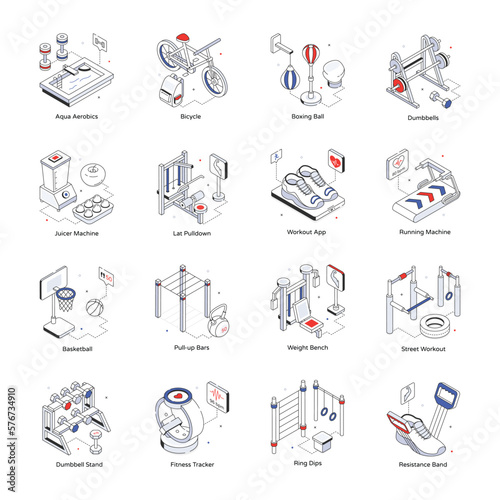 Fitness and Medical Care Isometric Line Icons 

