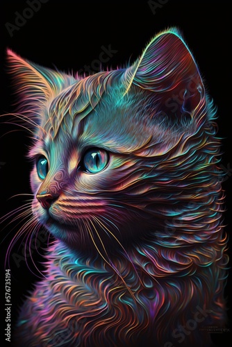 Portrait of kitten in holographic colors. Generative ai.