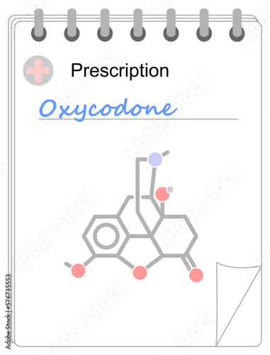Medical prescription pad and simplified formula icon of oxycodone.