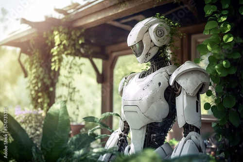 a robot with plants, at the house, domestic help and gardener, humanoid android with artificial intelligence. Generative AI