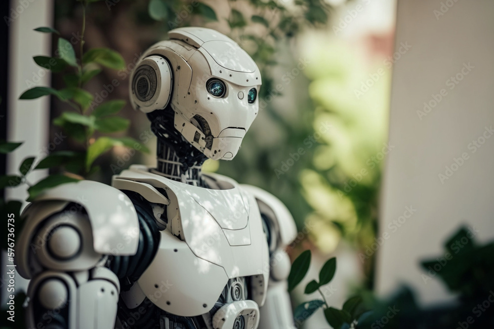 a robot a service robot, at a house, domestic help and gardener, humanoid android with artificial intelligence. Generative AI a robot a service robot, at a house, domestic help and gardener, humanoid android with artificial intelligence. Generative AI