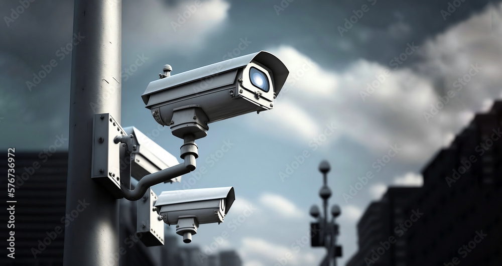 Surveillance camera on the facade of the building, video surveillance, surveillance technology.Protection of property. Public safety of the urban environment. CCTV advertisement, banner.Place for text