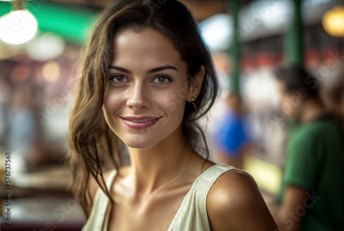 young adult european woman visits a local food market on vacation, in green summer dress. Generative AI Free Download young adult european woman visits a local food market on vacation, in green summer dress. Generative AI - GFXLoad
