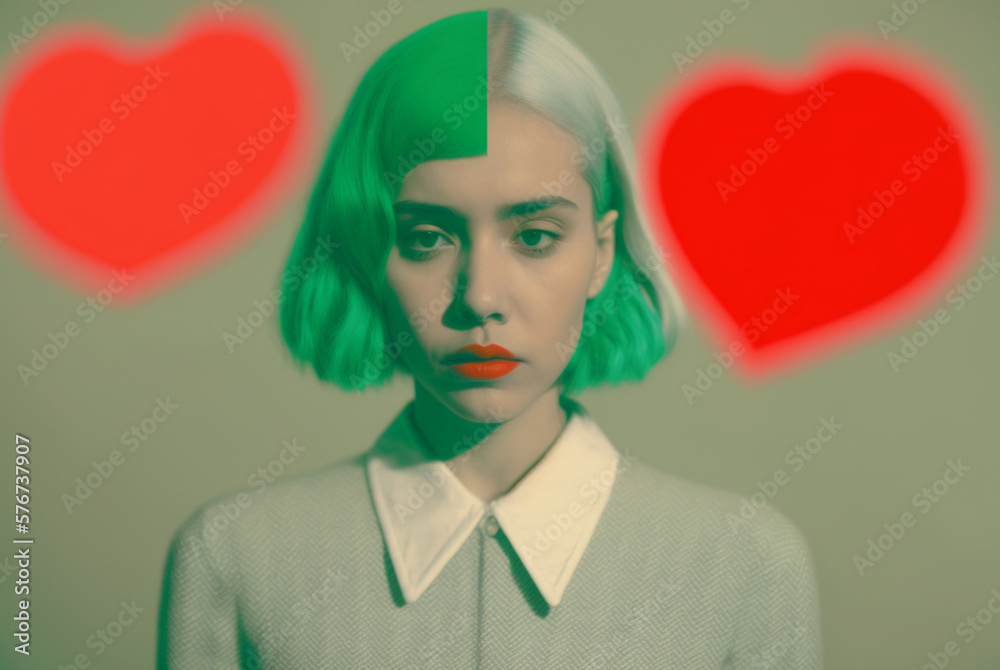 young adult teenager woman with a smile, close-up positive emotion, green and red, symbolic heart. Generative AI young adult teenager woman with a smile, close-up positive emotion, green and red, symbolic heart. Generative AI