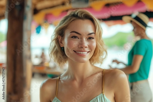 young woman on the beach, sandy beach and woman. Generative AI