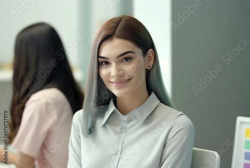 young adult woman or teenage girl in a room sitting on a chair, smiling. Generative AI