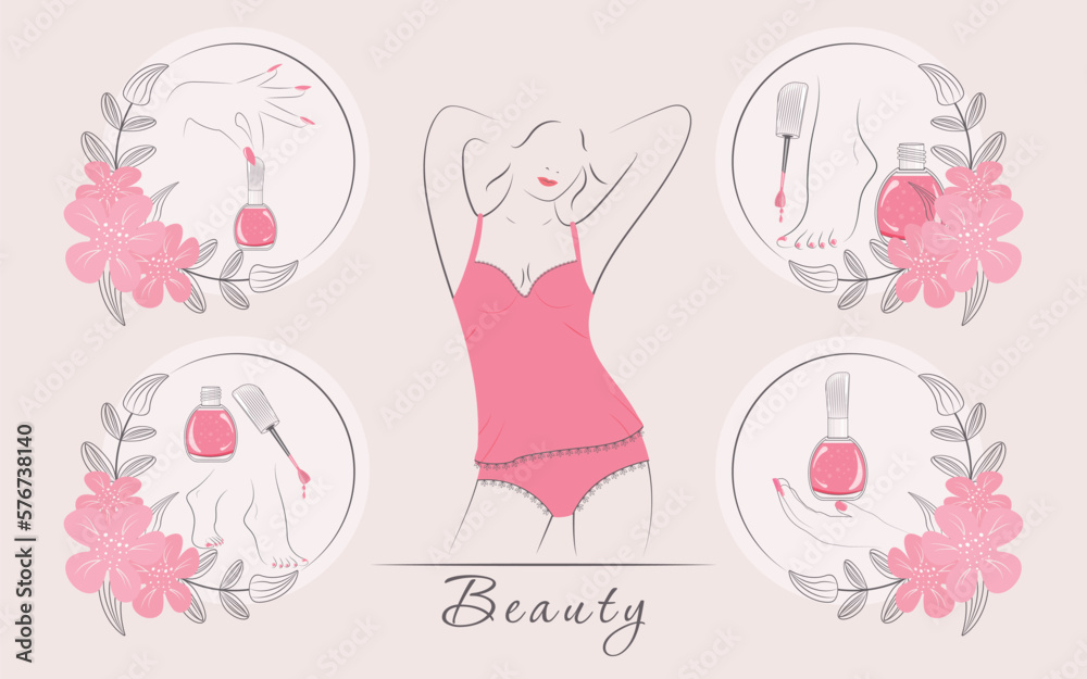A set of icons. Beauty salon, hand and foot care, manicure and pedicure. Silhouette of a girl. The concept of beauty, tenderness and femininity