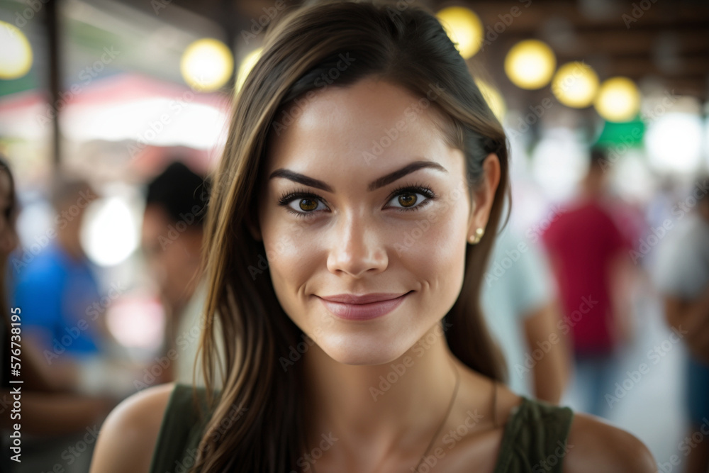 young adult woman at a food market outdoors in nice weather in a summer shirt, fictitious place and people. Generative AI young adult woman at a food market outdoors in nice weather in a summer shirt, fictitious place and people. Generative AI