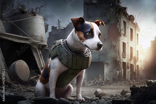 Brave Jack Russell Saves Day as Bomb Squad Searches Ruined Building for Explosive Devices. Generative AI photo