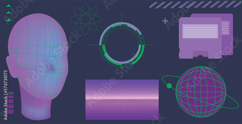 Trendy retro futuristic holographic  in vaporwave style in 80s-90s. Old wave cyberpunk concept. Shapes design elements for disco genre, retro party or themed event. Neon with glitch