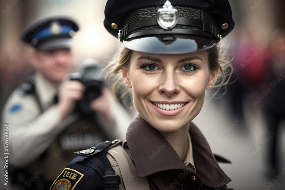 Generative AI image of policewoman near colleague Generative AI image of policewoman near colleague
