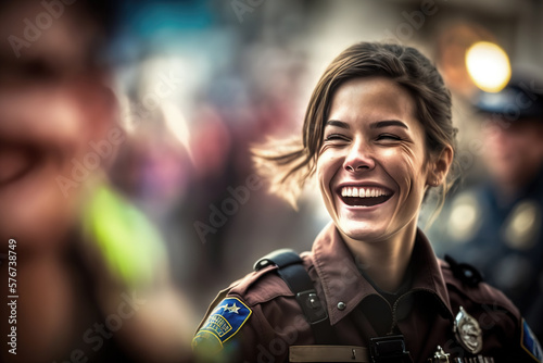 Generative AI image of laughing female police officer photo