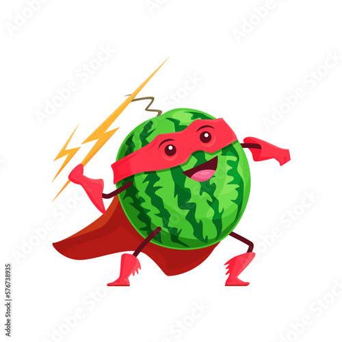 Cartoon watermelon fruit superhero character. Vector super hero personage in red cloak and mask throw lightnings. Funny cheerful fairytale healthy food, brave plant with flash fight and defend health