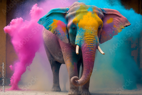 Elephant at Holi festival in colorful powder. Generative AI. 