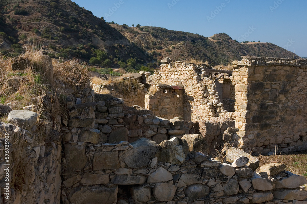 The Turkish Cypriot village of Souskiou in the Dhiarizos valley, Paphos District, abandoned during the civil war in 1974: ruined dwellings in an ex-Turkish enclave in Greek Cyprus
