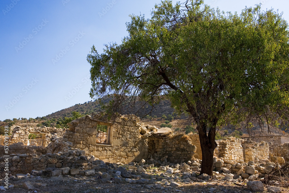 The Turkish Cypriot village of Souskiou in the Dhiarizos valley, Paphos District, abandoned during the civil war in 1974: ruined dwellings in an ex-Turkish enclave in Greek Cyprus