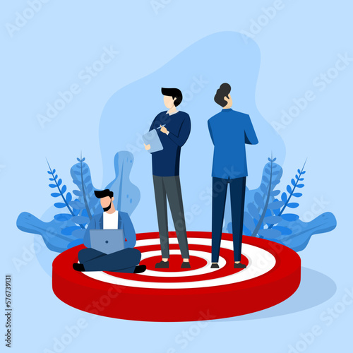 Focus group member concept, People standing on target. customer views or opinions, market research participants, public surveys for marketing strategies. Flat vector illustration