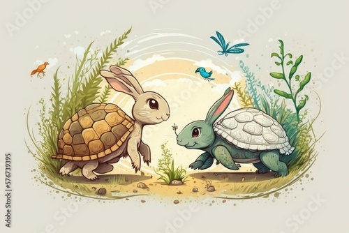 The old fable about the turtle and the hare. Tortoise and hare. Contrasting species a rabbit and a tortoise. Generative AI photo