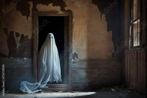 Generative AI of a white-sheet ghost sitting on a chair in a haunted house.