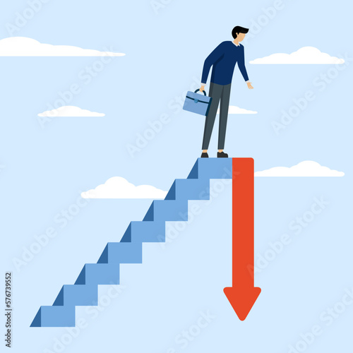 investment or economic recession, frustrated businessman investor climbing ladder with downward arrow above. Stock market decline in crisis or bubble burst, career deadlock or financial risk concept.